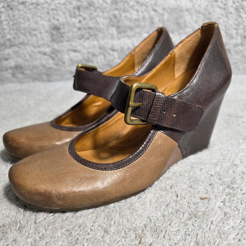 NAYA Women Brown Taupe Leather Snake Print Wedge Mary Jane Shoes Size 7‎
